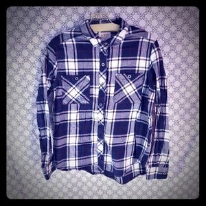Ladies Navy Plaid button Up
